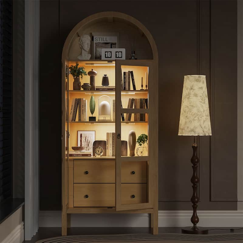 Modern Arched Cabinet with Glass Doors,72" Tall Arch Storage Cabinet with Height Adjustable Shelf and 2 Drawers Bookshelf