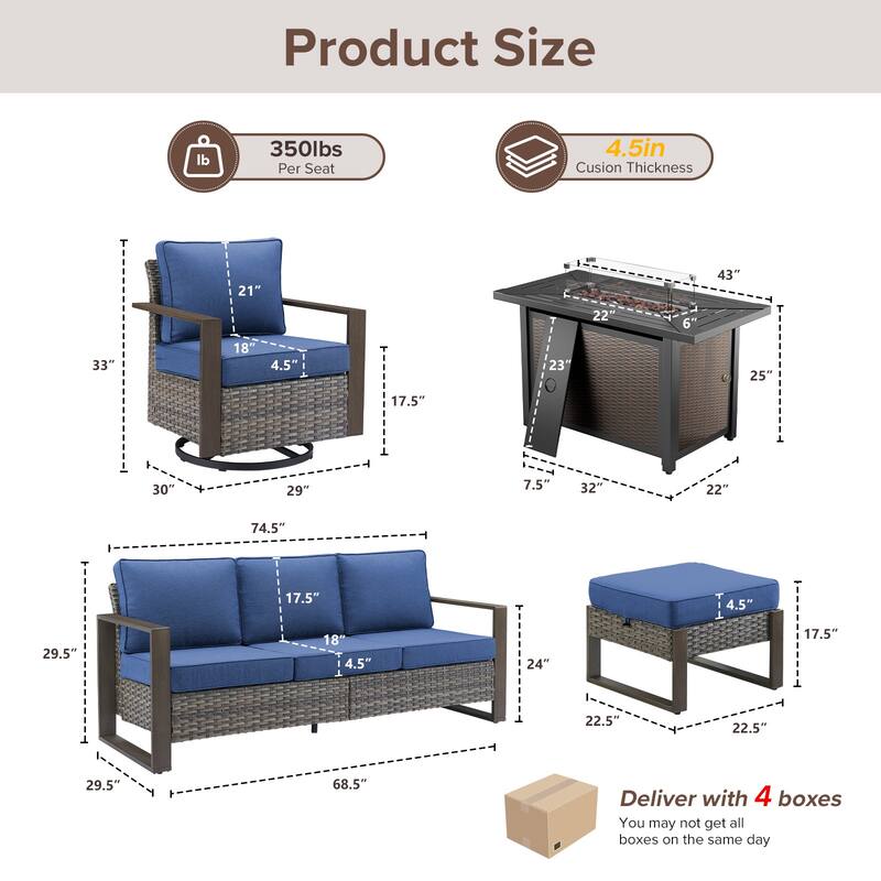 Meyreso Wicker Outdoor Patio Metal Fire Pit Set with Swivel Gliders & 4.5" Olefin Cushions