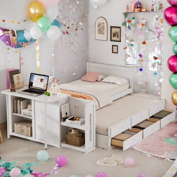 slide 2 of 32, 2 Color Twin-size Multifunctional Platform Bed with Built-in Trundle and 3 Drawers White