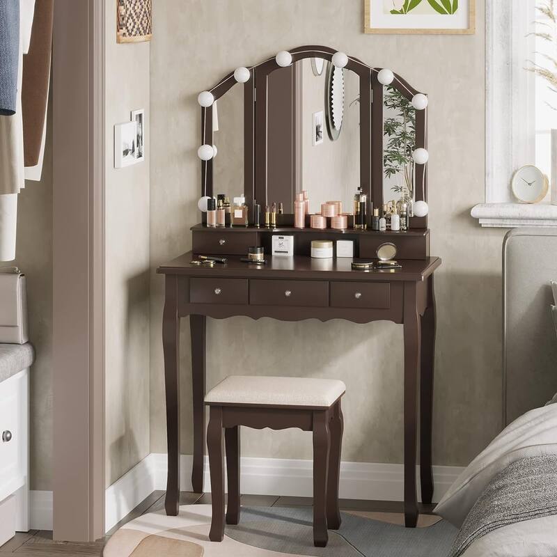 Vanity Desk Set Makeup Vanity Lighted Tri-fold Mirror and Stool