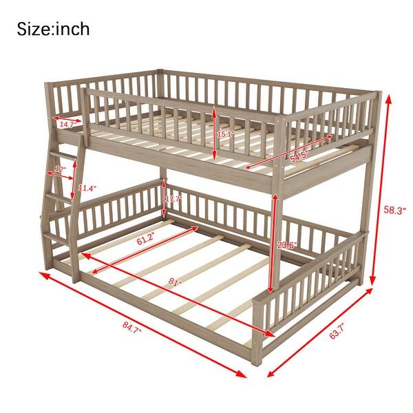 dimension image slide 1 of 2, Full XL over Queen Bunk Bed with Ladder and Guardrails Convertible Wooden Bunk Bed Frame for Kids Teens, No Box Spring Needed