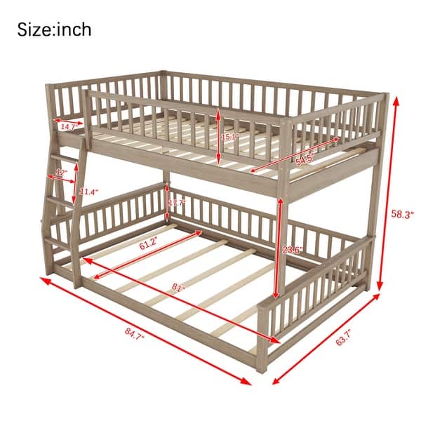 dimension image slide 0 of 2, Solid Pine Wood Full XL Over Queen Bunk Bed with Ladder & Guardrails