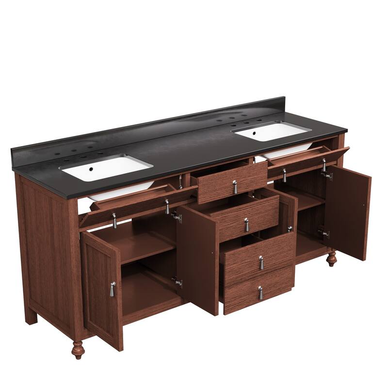 72-Inch Farmhouse Style Bathroom Vanity with Double Ceramic Sink - Redwood