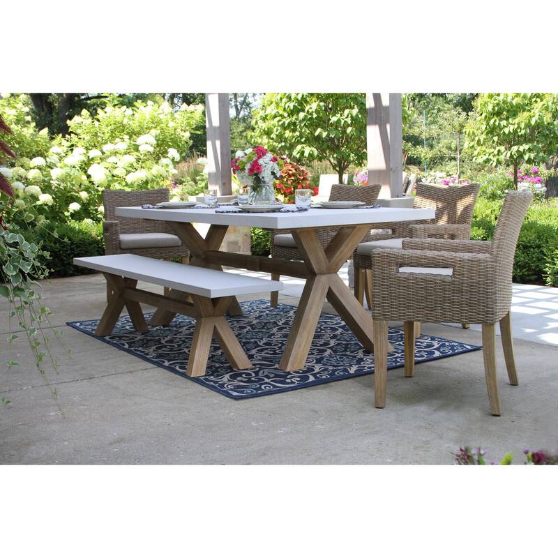 Cordelia 6-Piece Ivory Composite, Wheat Wicker and Eucalyptus Wash Rectangle Dining Set