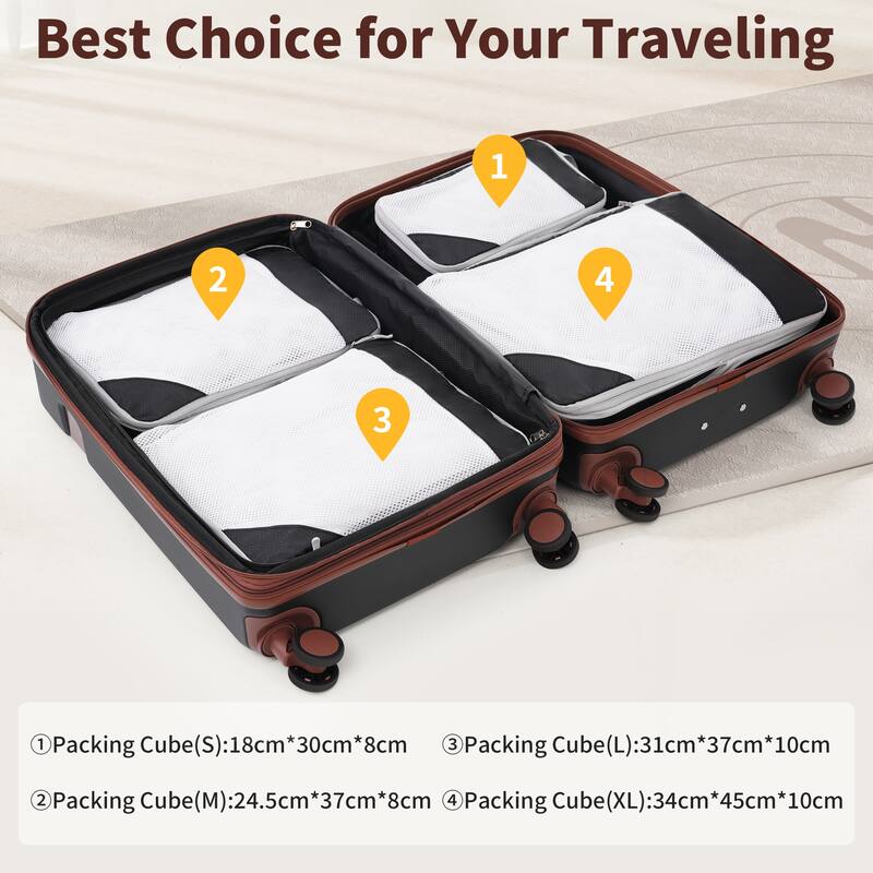 4 Piece ABS Expanable Spinner Wheels Lightweight Luggage Set w/TSA Lock and Compression Packing Cubes