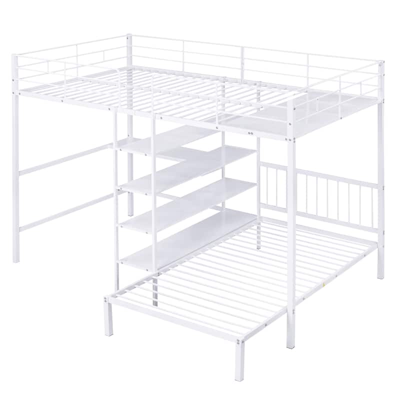 Full Over Twin Bunk Bed with Built-in Desk & Ladder, Space-Saving Metal Bunk Bed Frame w/Storage Shelves for Kids Teens Bedroom
