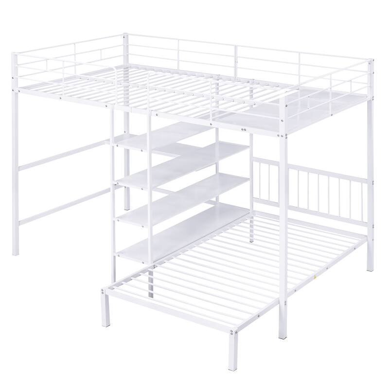 Full Over Twin Metal Bunk Bed with Desk and Storage Shelves, Heavy-Duty Frame, No Box Spring Required