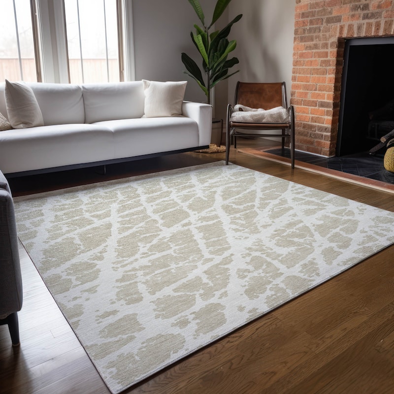 Machine Washable Indoor/ Outdoor Transitional Beige Crackle Chantille Rug