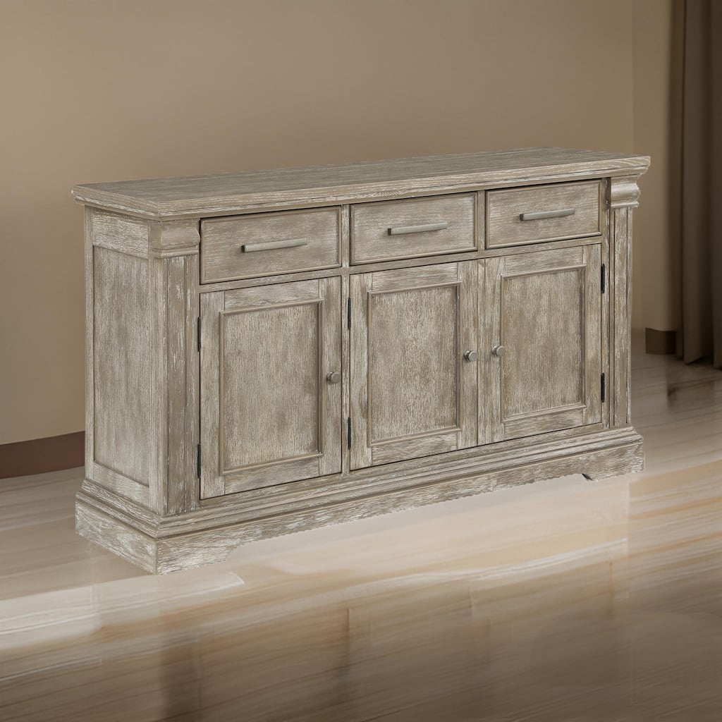 Ruth 60 Inch Sideboard Server Buffet, 3 Drawer, 3 Cabinet, Rustic Gray Wood