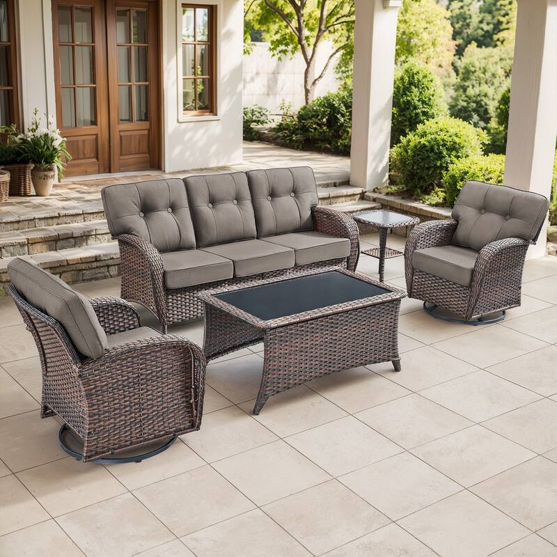 Gymojoy Outdoor Wicker Patio Furniture Set, 5" Thick Cushioned Rattan Set with Swivel Chairs & Coffee Table