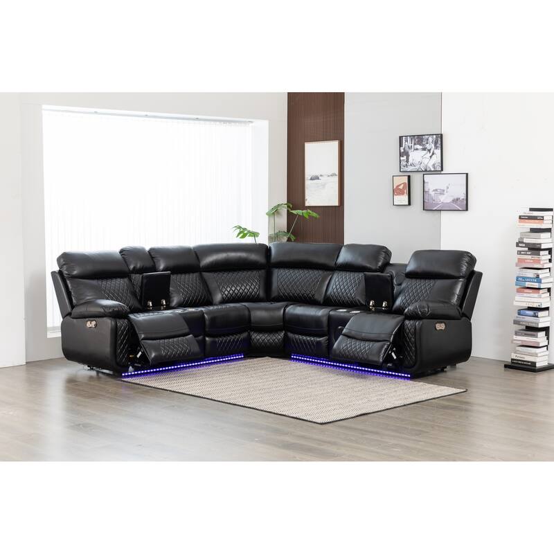 Hathrone 98.5" Wide Vegan Leather Power Reclining Sectional with LED, USB and SubWoofer Sound System