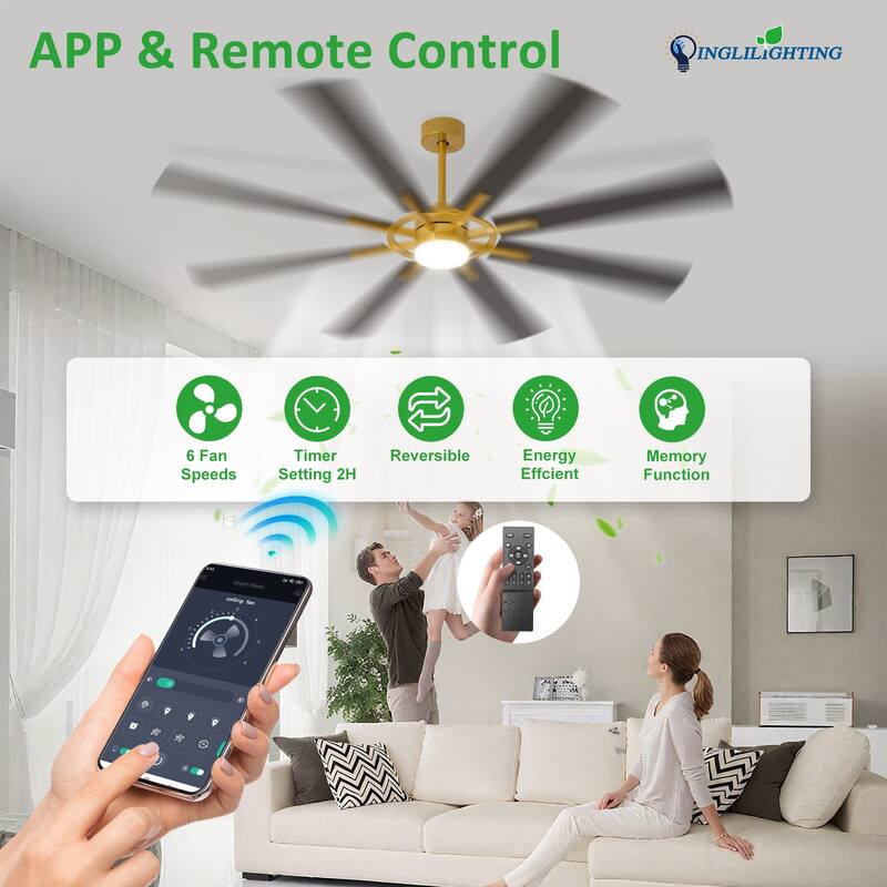 Modern 72 Inch 8 Blade Outdoor large Ceiling Fans with Lights: Dimmable Indoor Reversible 6 Speed Quiet DC Motor