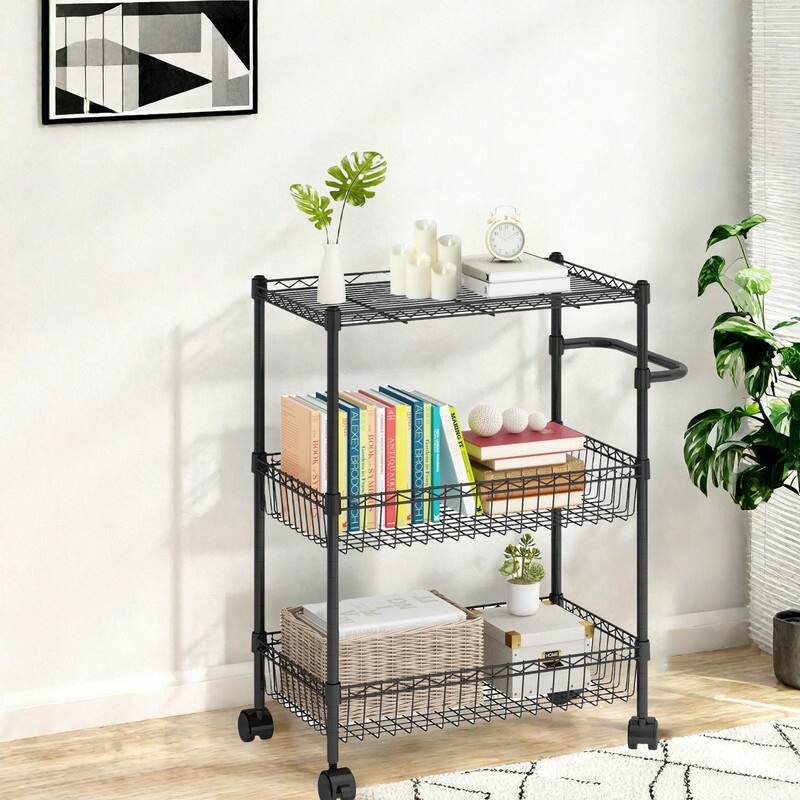 3 Tier Rolling Storage Cart, Adjustable Wire Storage Shelving Unit, Kitchen Organizer Cart Wire Rack On Wheels