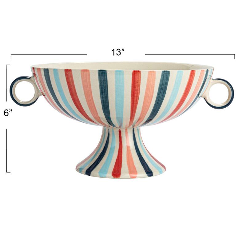 Hand-Painted Stoneware Footed Bowl with Handles and Stripes - 13.0"L x 9.8"W x 6.0"H - 13.0"L x 9.8"W x 6.0"H