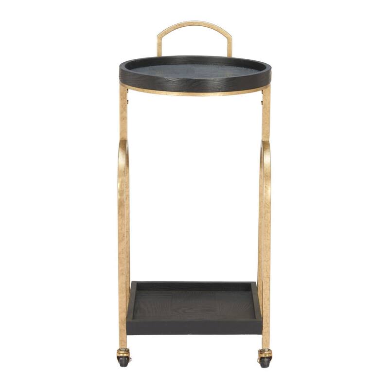 HomeRoots 17" Black And Brass Steel and Solid Wood Distressed Round Rolling Bar Cart - 17.00 in. x 34.80 in. x 16.00 in.
