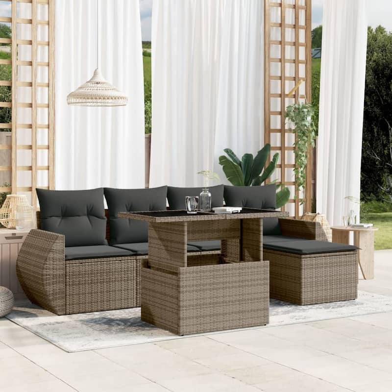 vidaXL Patio Sofa Set with Cushions Outdoor Furniture 6 Piece Poly Rattan - Grey-without storage - 21.7 x 39.4 x 28.7