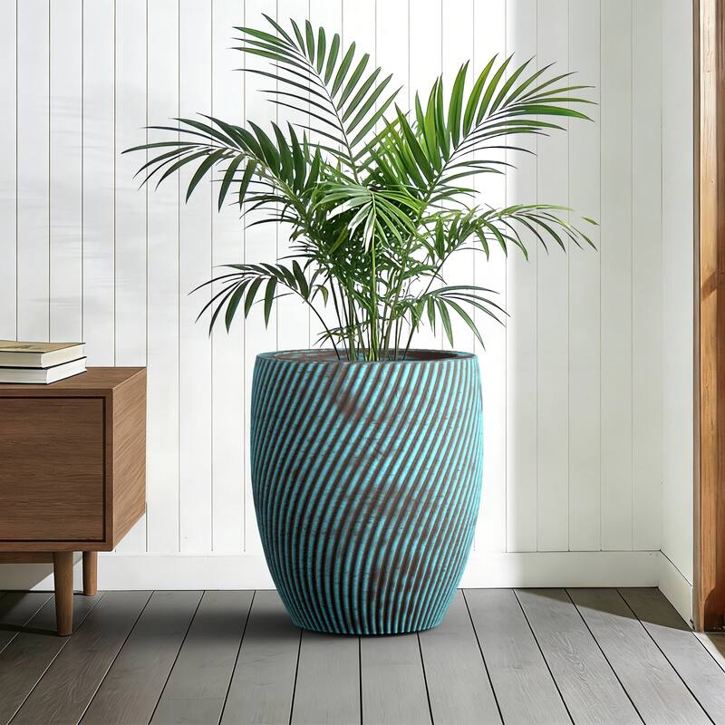 Concrete Tall Round Planter with Teal Stripes with Drainage Holes