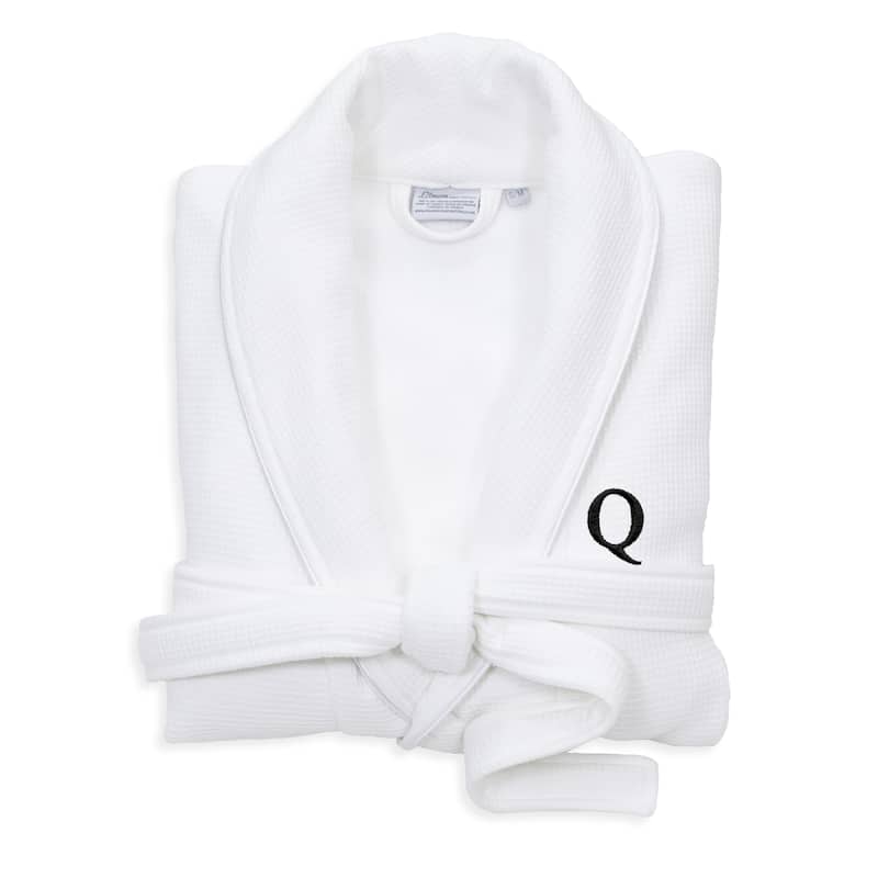 Authentic Hotel and Spa White Unisex Turkish Cotton Waffle Weave Terry Bath Robe with Black Block Monogram - S/M - Q