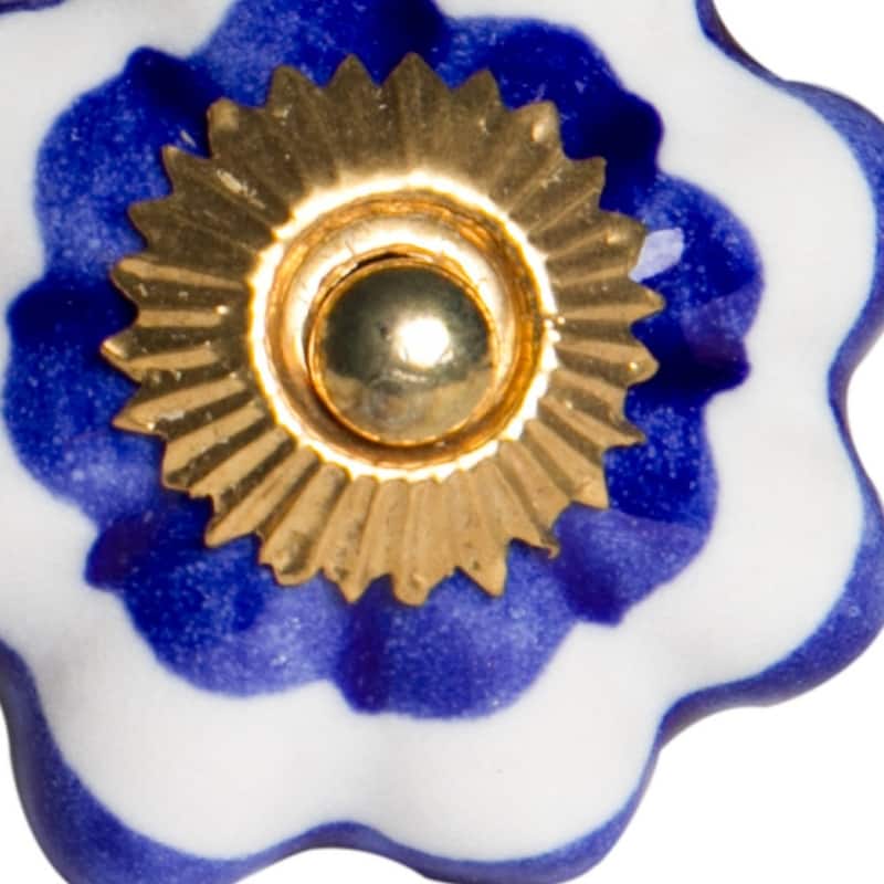 Set of 12 Blue White Gold Round Pulls Ceramic Flower Knobs for Cabinets Drawers or Wardrobes - Blue, White, Gold