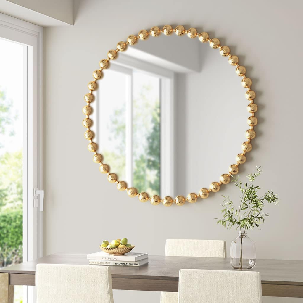 Roomfitters Large 36-Inch Beaded Round Wall Mirror, Metal Frame Decorative Glam Accent Mirror for Living Room