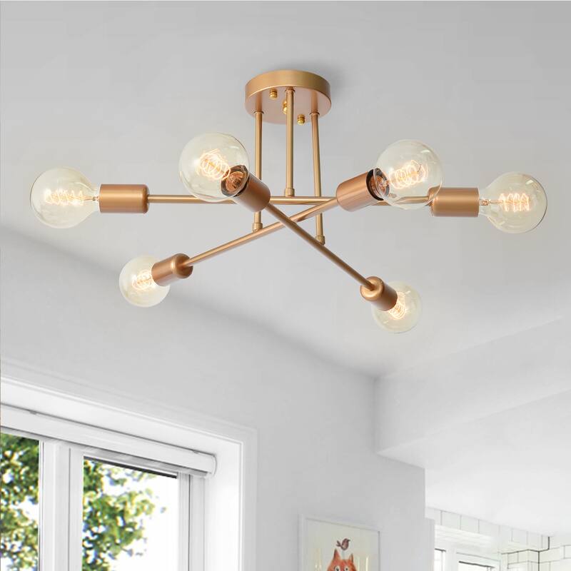 6-Light Modern Industrial Linear Sputnik Branch Semi-Flush Mount Light Ceiling Light - Champagne gold