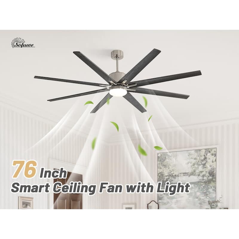 52"/66"/72"/76 Inch Modern Ceiling Fan with Dimmable LED Light ,Remote&APP Control,8 Blades for Large Living Room,Porch - 76 Inch - Silver and Black Solid wood Blades
