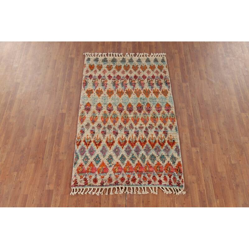 Hand Knotted Oriental 100% Wool Carpet Modern All-Over Beige & Ivories Moroccan Runner Rug - 6' 6'' X 3' 3''