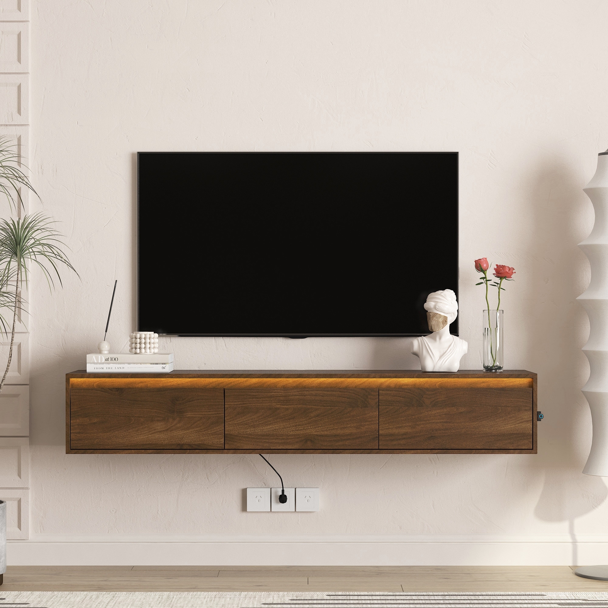 64.96''Floating TV Stand, Wall Mounted TV Shelf with Led Lights & Power Outlet,High Gloss TV Cabinet for Wood tv Stands