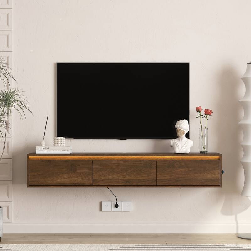 Floating TV Stand, Wall Mounted TV Shelf with LED Lights & Power Outlet, High Gloss TV Cabinet for Wood TV Stands