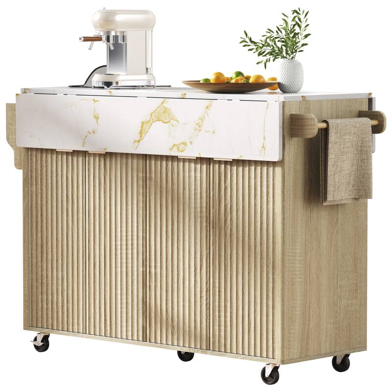 Fluted Kitchen Island with 2 Drop Leaf, 4 Doors Rolling Island Table, Kitchen Storage Cart with Power Outlet and Spice Rack