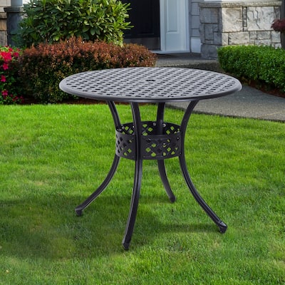 Outsunny 33" Round Cast Aluminium Outdoor Patio Dining Table with Umbrella Hole - Black