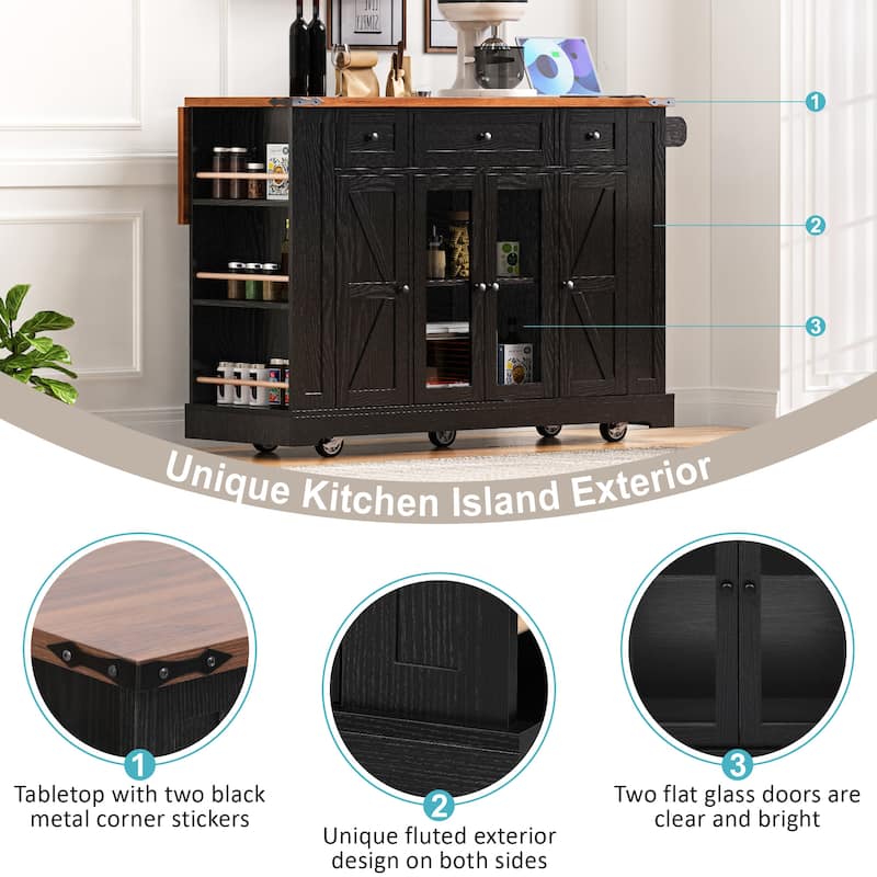 53'' Kitchen Island with Two Tempered Glass Cabinet Doors, Rolling Kitchen Cart on Wheels with Drop Leaf, Power Outlet