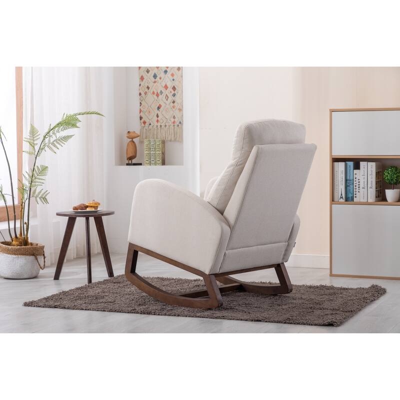 Modern Accent Upholstered Rocking Rocker High Back Arm Chair with Wooden Frame Side & Pockets for Living Room