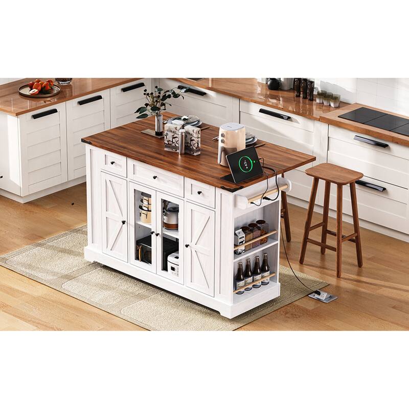 Roomfitters 53" Rolling Kitchen Island with Drop Leaf, Mobile Cart with Glass Doors, 5 Side Shelves & Power Outlets