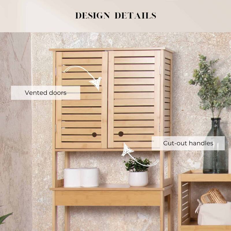 Over The Toilet Storage Cabinet with Double Vented Doors and Open Shelf, Natural - Trinidad Collection