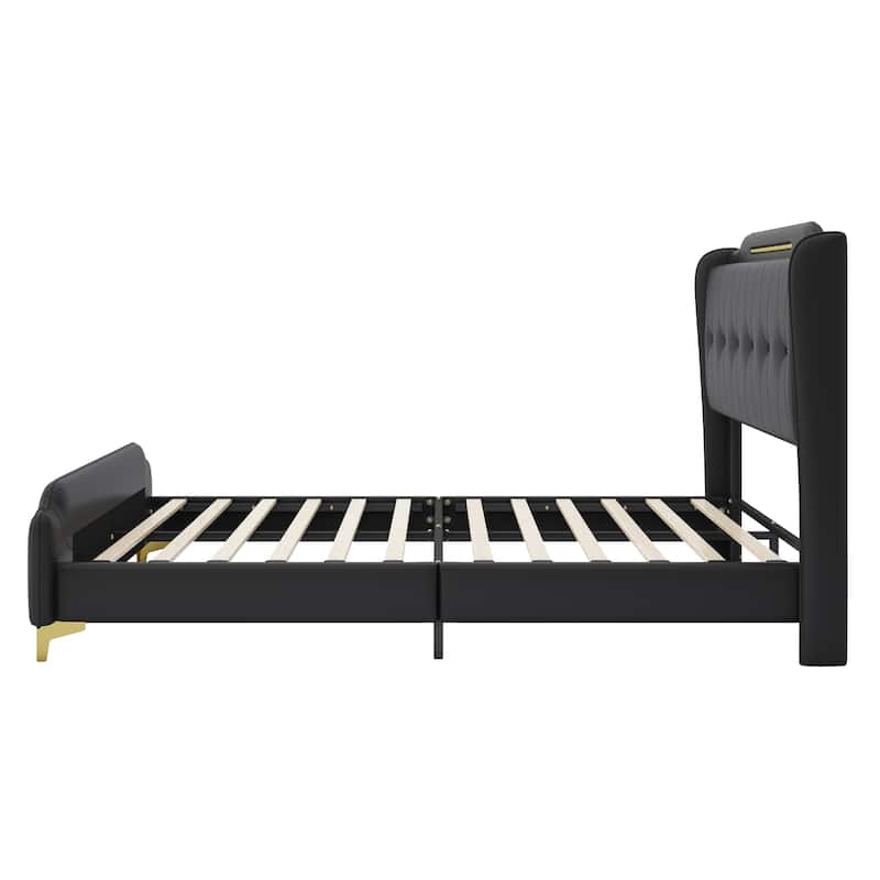 PU Upholstered Queen Size Leather Bed frame with Wingback Headboard and Footboard