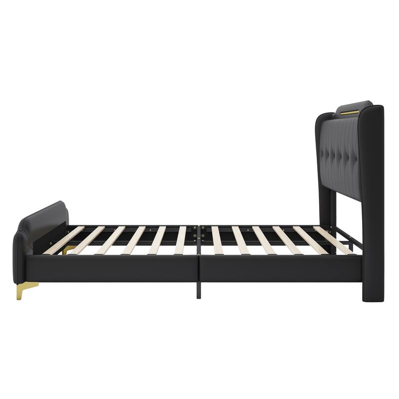 Queen Size PU Leather Platform Bed with Wingback Headboard, Footboard, and Gold Metal Accents