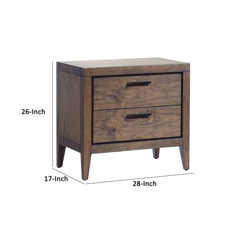Enzo 28 Inch 2 Drawer Nightstand, Brown Wood, USB Charging, Black Handles