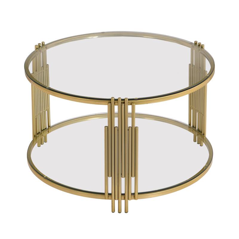31.5" Tempered Glass Coffee Table with Asymmetrical Metal Design and Lower Shelf