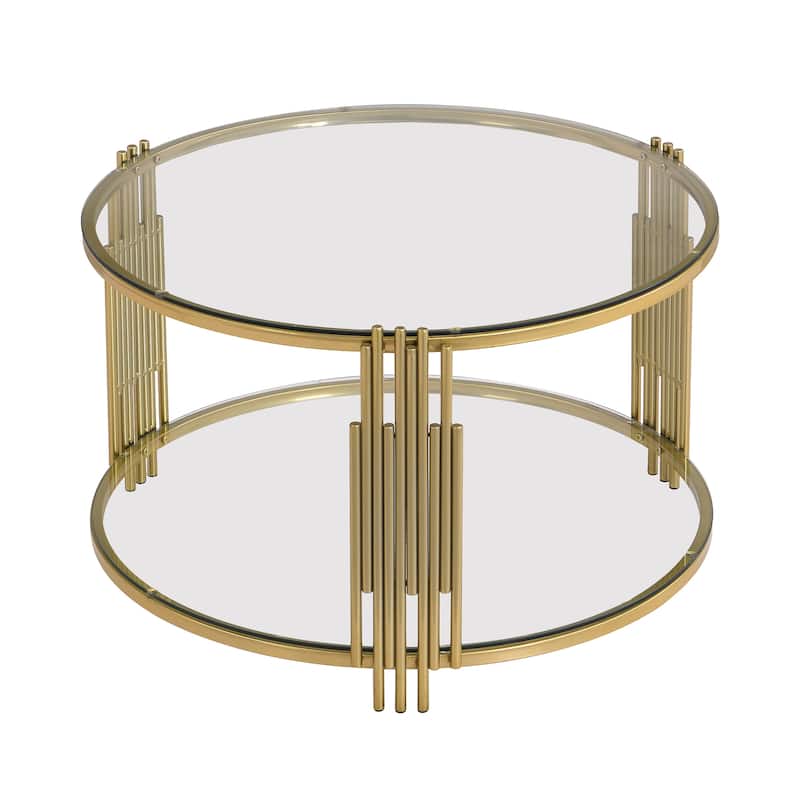 Modern Glass Coffee Table in 31.5", Asymmetrical Metal, Circular Metal Drum Base, Gold Finish & Lower Shelf