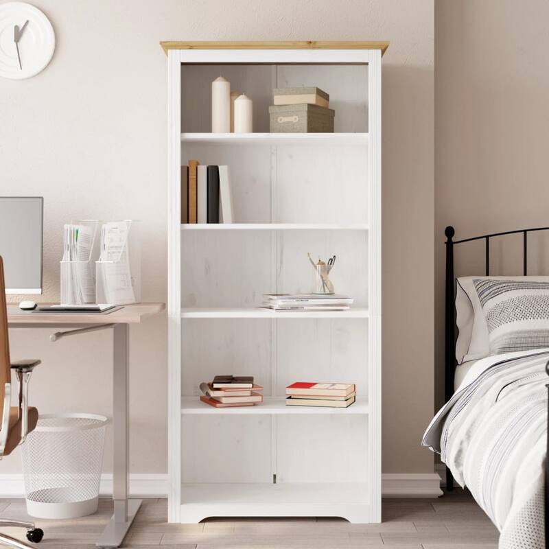 vidaXL Bookcase 5-Tier Storage Bookshelf with Shelves BODO Solid Wood Pine - 31.5" x 15" x 70.9" - White, brown