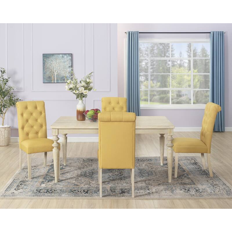 Rustic Rectangular Dining Table with Wood Legs, Kitchen Table and Chair Set, Button Tufted Upholstered Dining Chairs, Yellow