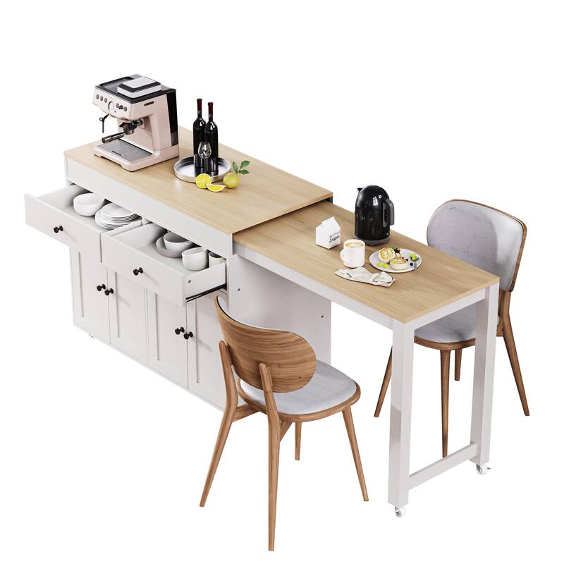 Kitchen Island with Extendable Dining Table, Rolling Island Cart on Locking Wheels, Breakfast Bar with 2 Drawers & 4 Door
