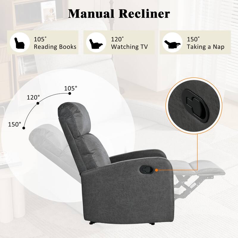 Manual Upholstered Recliner Chair, Modern Recliner Adjustable Single Sofa Chair, High Back Lounge Chairs for Living Room