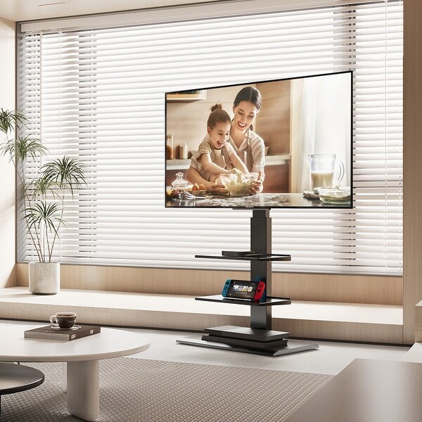 FITUEYES Black Metal Base Floor TV Stand with Shelves for 32 65 Inches TVS 32 65 Inches
