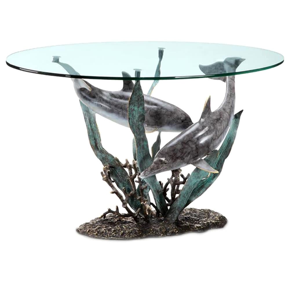 Cast Aluminum Imitation Dolphin Duet Glass Top Coffee Table - 22 X 42 X 24 inches