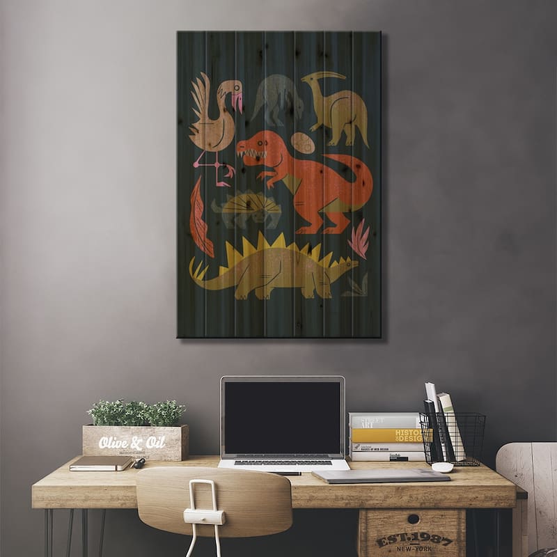 Jurassic Friends (Cool Black) Print On Wood by Renea L. Thull - Multi-Color