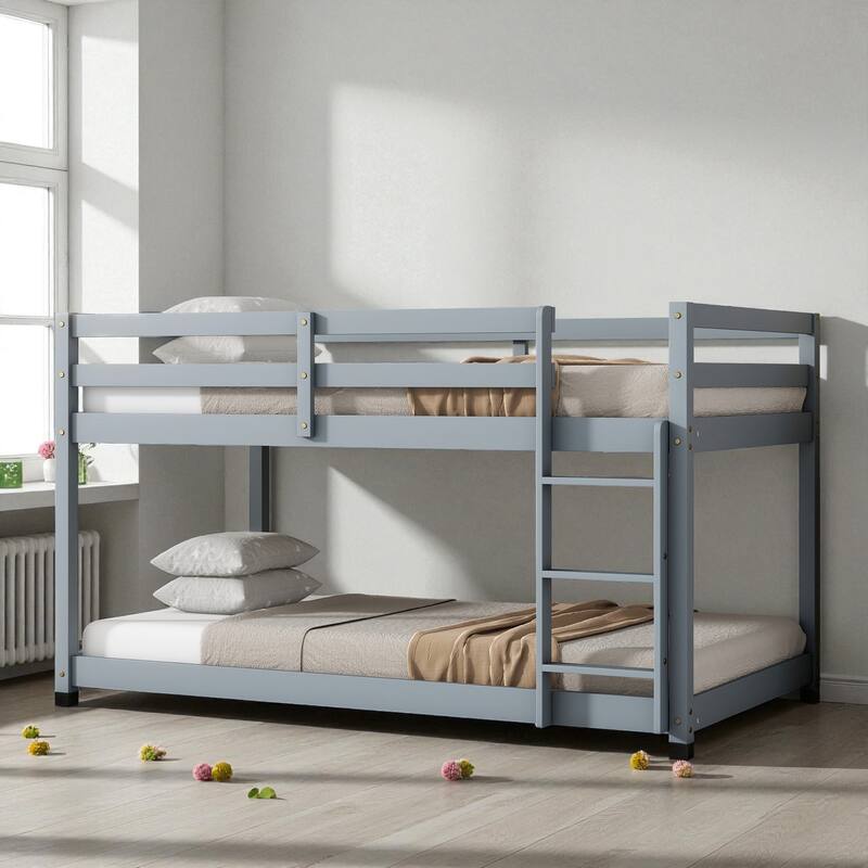 Solid Rubber Wood Twin Over Twin Floor Bunk Bed with Ladder, Low Height Design and Strengthened Slat Support