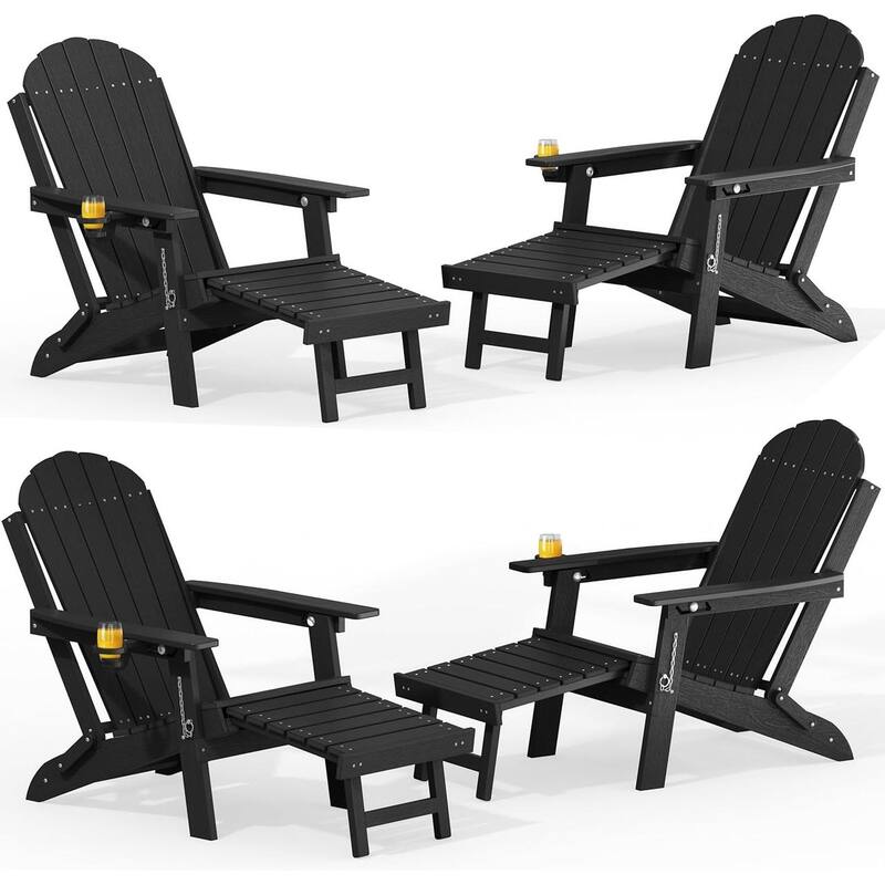 WINSOON Outdoor All-Weather HDPE Folding Adirondack Chair with Ottoman, Cup Holder & Adjustable Back Set of 4 - Black