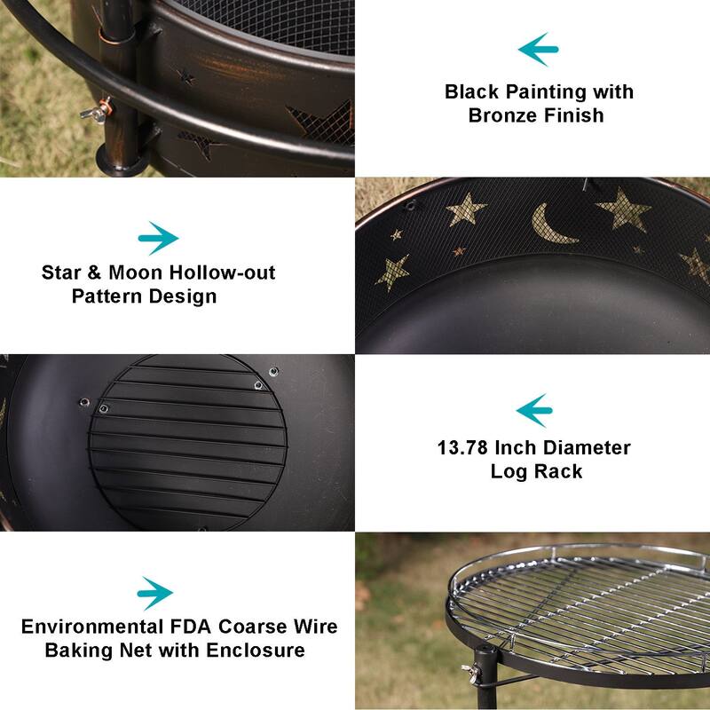 30" 2-In-1 Moon & Star Pattern Patio Fire Pit with Grilling Grid